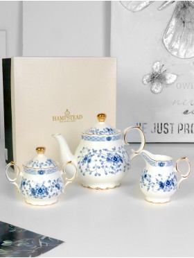 Porcelain Blue Flowers Tea Pot, Cream and Sugar Set